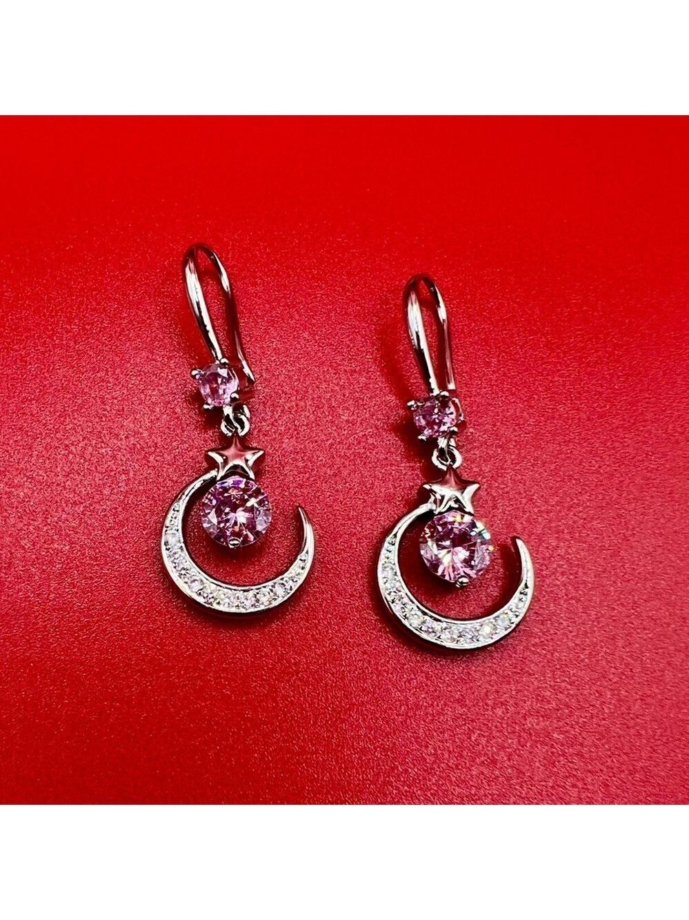 S925 Sterling Silver Pink Zircon Crescent Moon Earrings